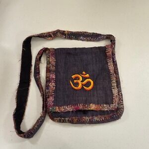 Himalayan Hand Made Nepal Om Bag Cotton Hemp Recycled Silk Purple Crossbody